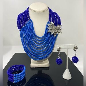 Elegant Blue Beaded Necklace Set with Silver Accents